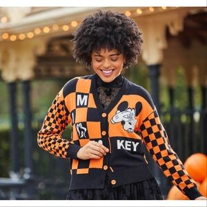 Disney Her Universe Sweater Size L Mickey Mouse Halloween Cardigan Orange Black